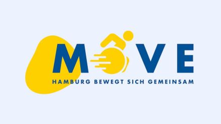 Blau gelbes Logo MOVE mit dem gelben Piktogramm eines Rollstuhlfahrers als Buchstabe O