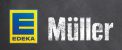Gelb-blaues EDEKA Logo mit weißem Schriftzug Müller auf grauem Hintergrund